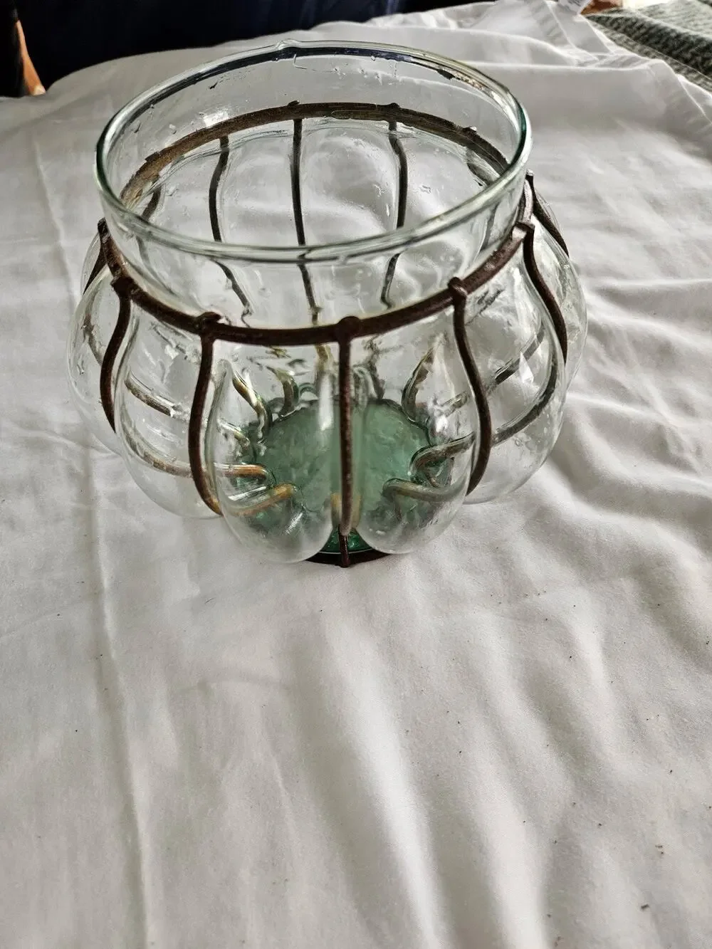 Vintage Art Deco Glass Vase Incased Metal Cage Frame Handblown
